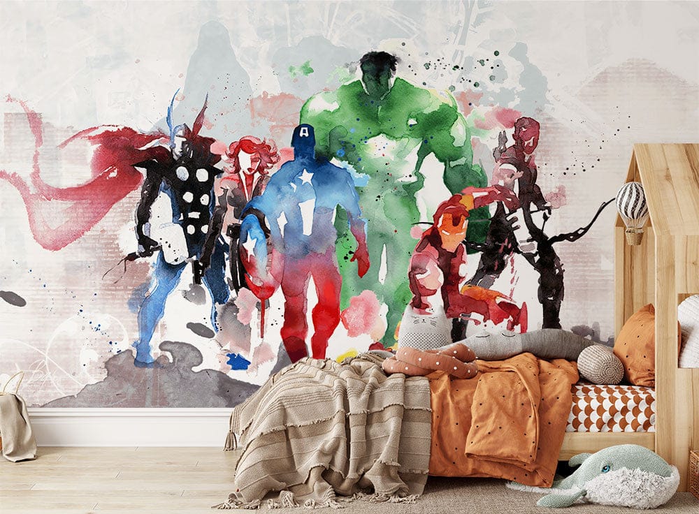 Papier peint panoramique super-héros illustré, dans une chambre de garçon
