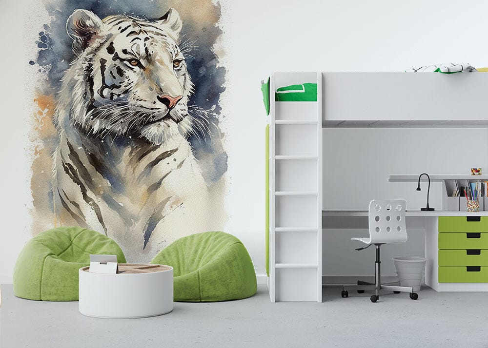 Papier peint panoramique tigre aquarelle 2 illustré, dans une chambre d'enfant