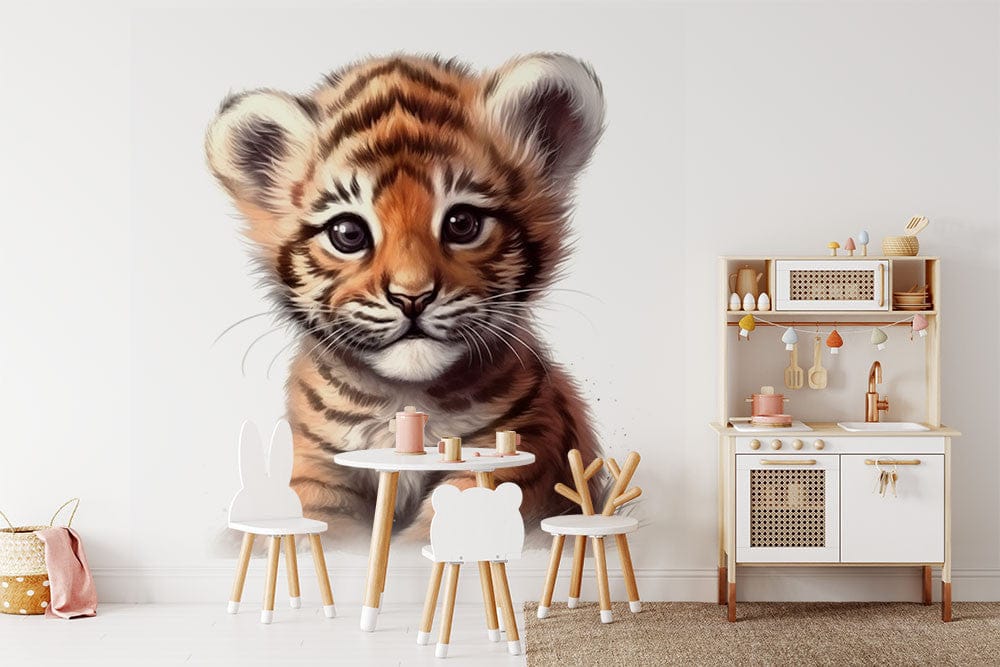 Papier peint panoramique tigre aquarelle illustré, dans une chambre d'enfant