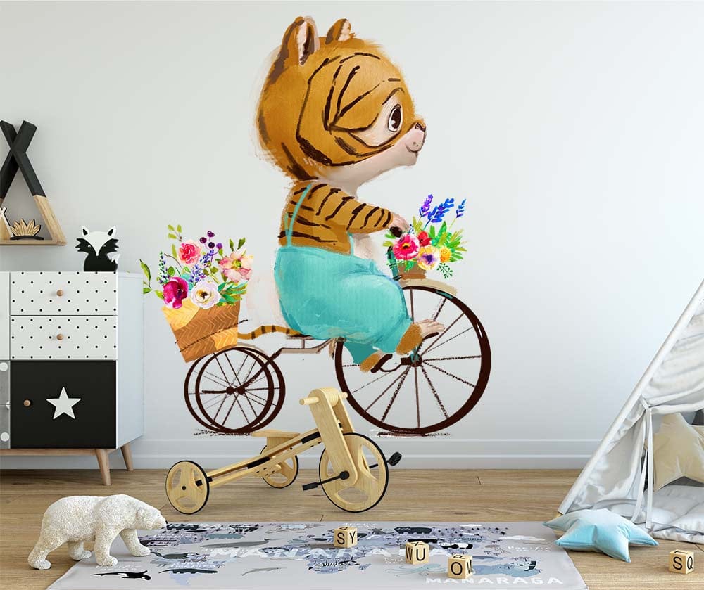 Papier peint panoramique tigre ballade champêtre illustré, dans une chambre d'enfant