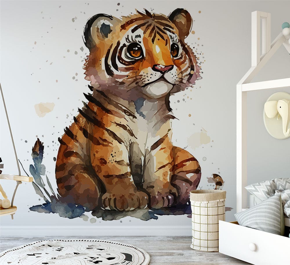 Papier peint panoramique tigre illustré, dans une chambre de bébé