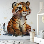 Papier peint panoramique tigre illustré, dans une chambre de bébé