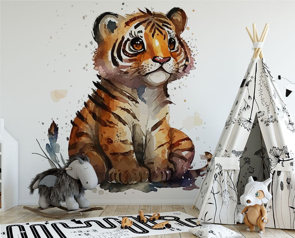 Deuxième vue du papier peint tigre dans une chambre de bébé