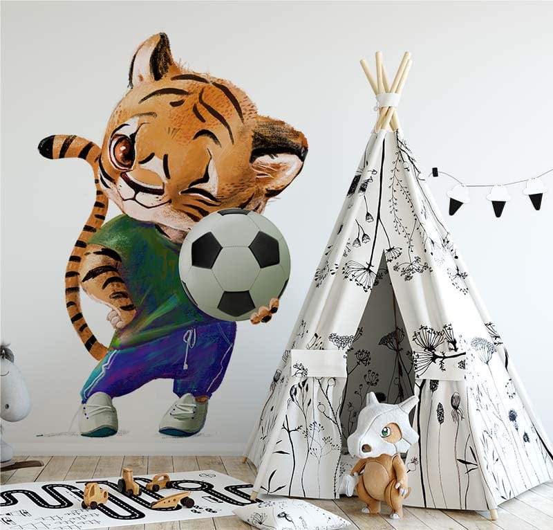Papier peint panoramique tigre football illustré, dans une chambre de garçon