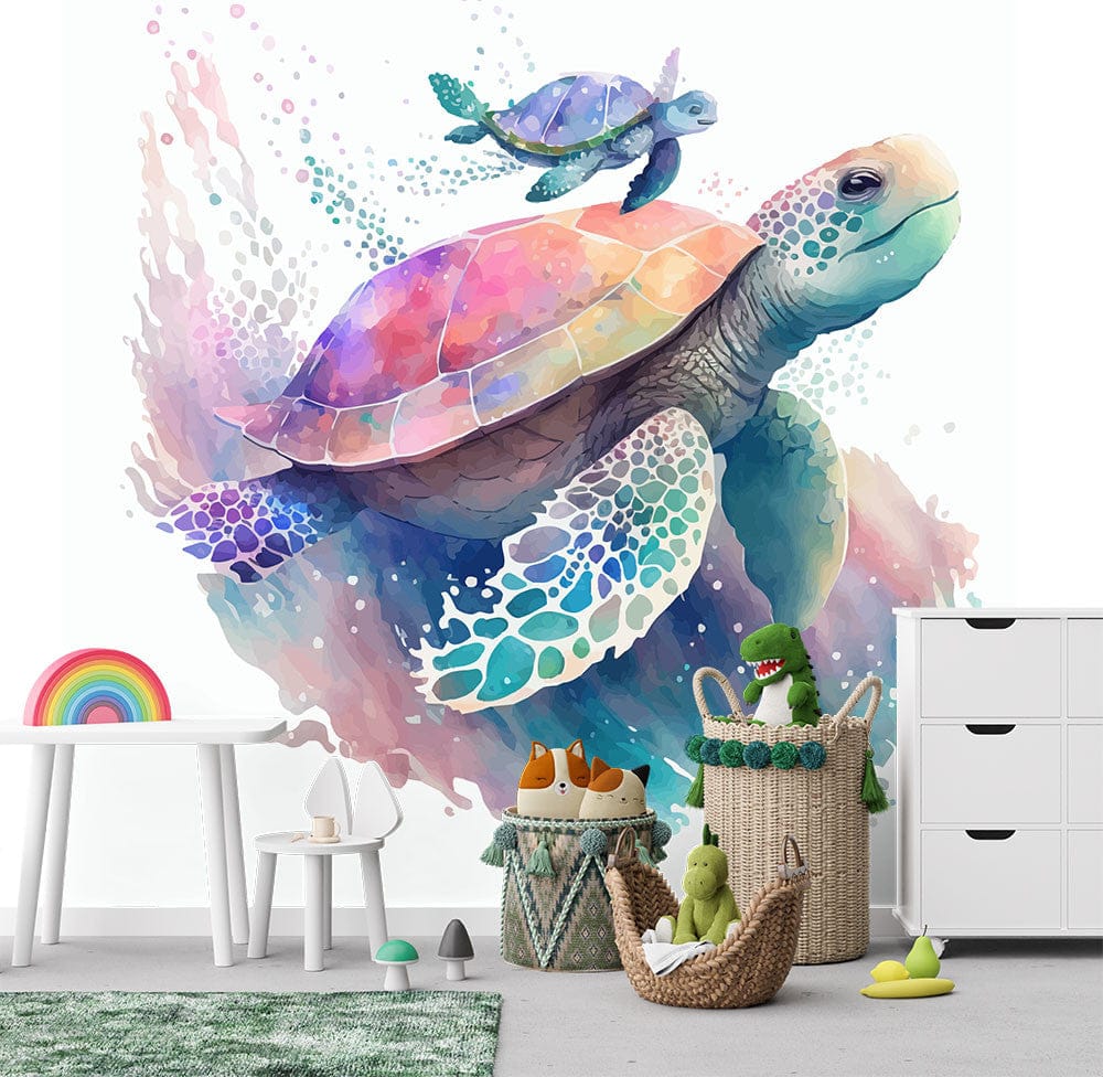 Papier peint panoramique tortue aquarelle illustré, dans une chambre d'enfant