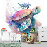 Papier peint panoramique tortue aquarelle illustré, dans une chambre d'enfant