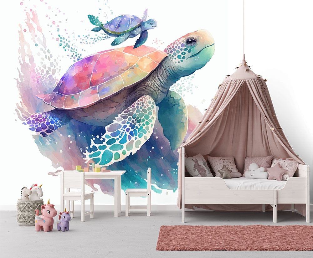 Deuxième vue du papier peint tortue aquarelle dans une chambre d'enfant
