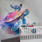Troisième vue du papier peint tortue aquarelle dans une chambre d'enfant