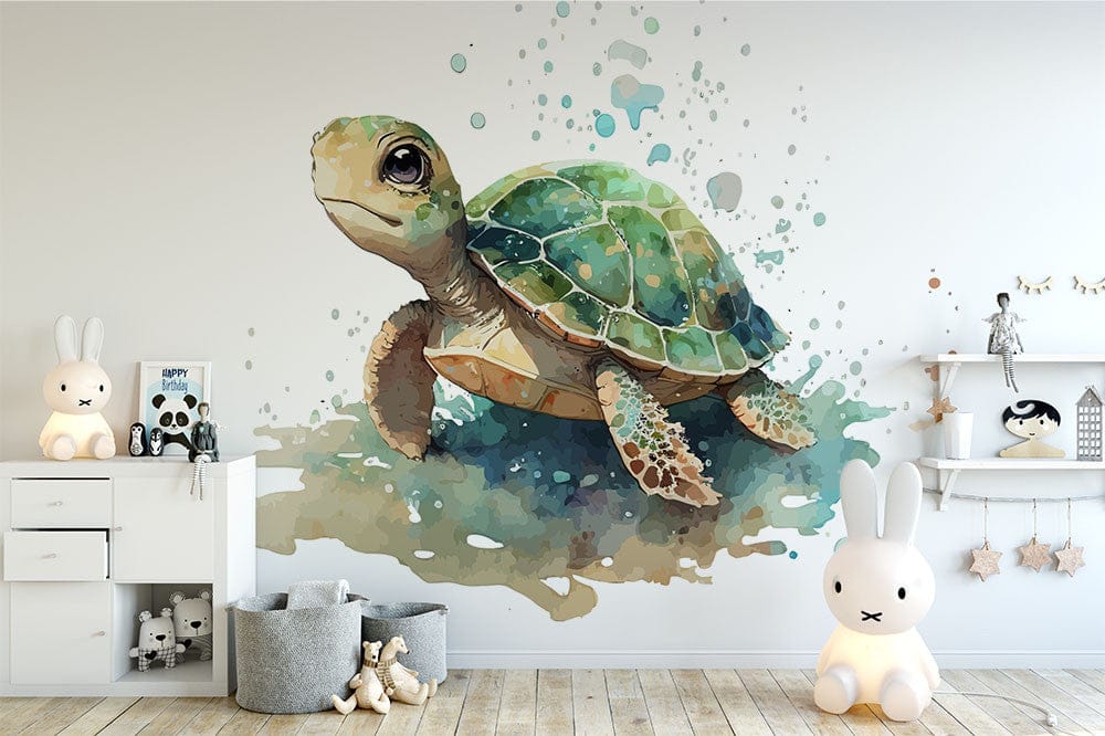 Papier peint panoramique tortue mignon illustré, dans une chambre d'enfant