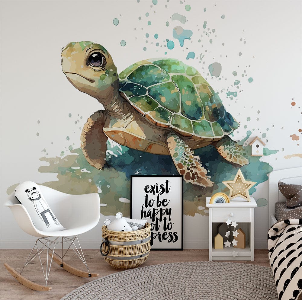 Deuxième vue du papier peint tortue mignon dans une chambre d'enfant