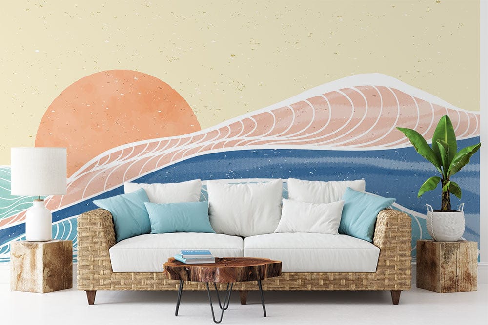 Papier peint panoramique vague corail illustré, dans une chambre adulte