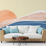 Papier peint panoramique vague corail illustré, dans une chambre adulte