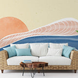 Papier peint panoramique vague corail illustré, dans une chambre adulte