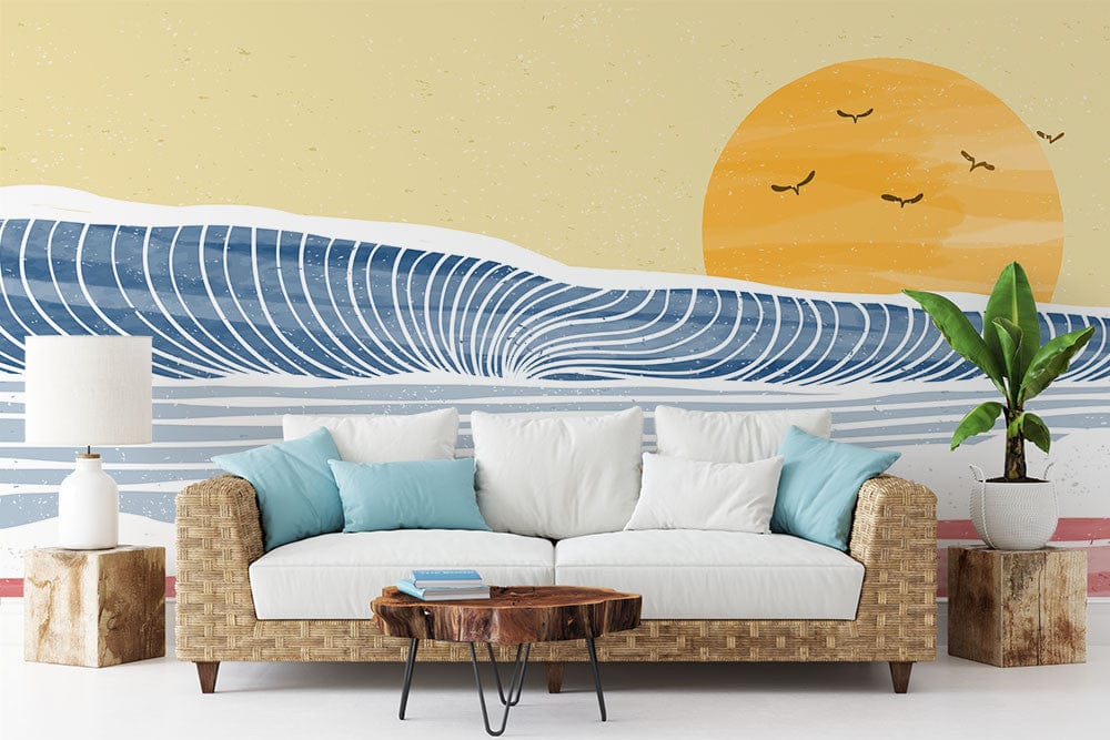 Papier peint panoramique vague indigo illustré, dans une chambre adulte