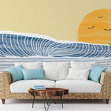Papier peint panoramique vague indigo illustré, dans une chambre adulte