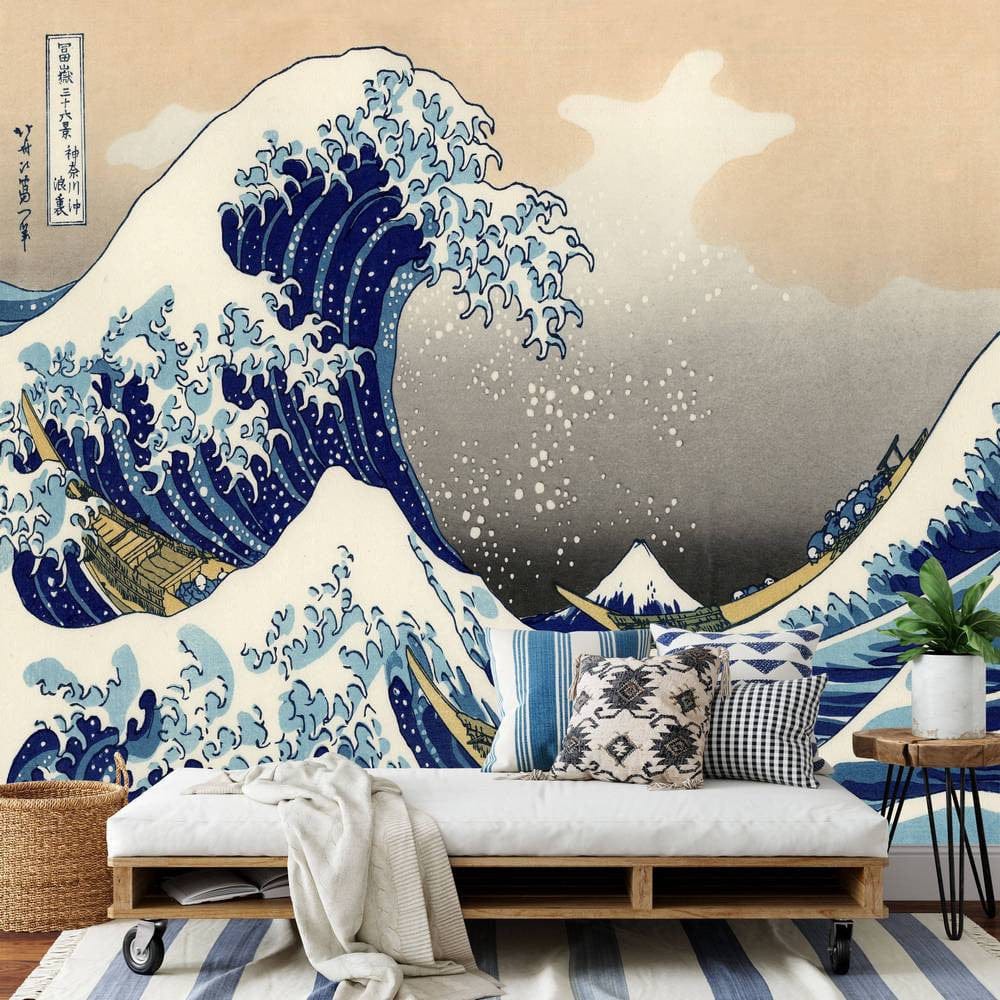 Papier peint panoramique vague japonaise illustré, dans une chambre adulte