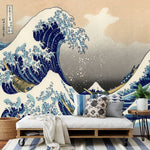 Papier peint panoramique vague japonaise illustré, dans une chambre adulte