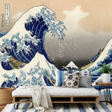 Papier peint panoramique vague japonaise illustré, dans une chambre adulte