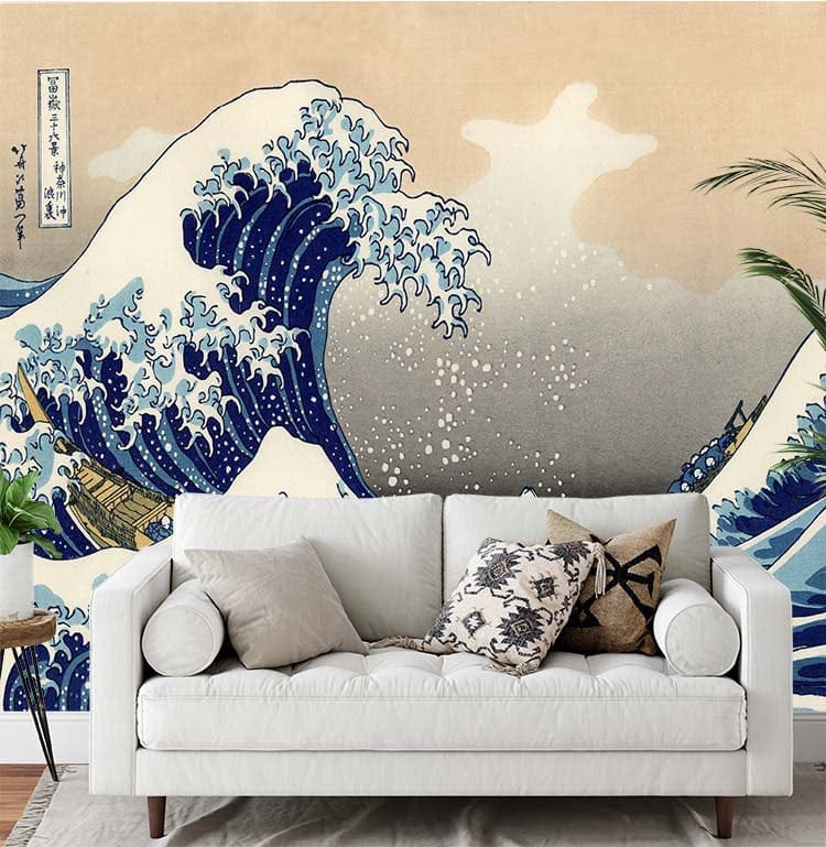 Deuxième vue du papier peint vague japonaise dans une chambre adulte