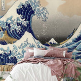 Troisième vue du papier peint vague japonaise dans une chambre adulte