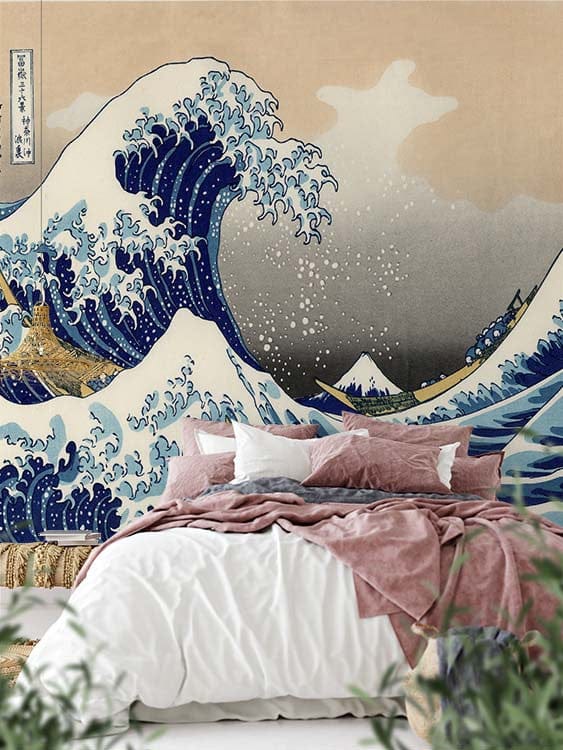 Troisième vue du papier peint vague japonaise dans une chambre adulte