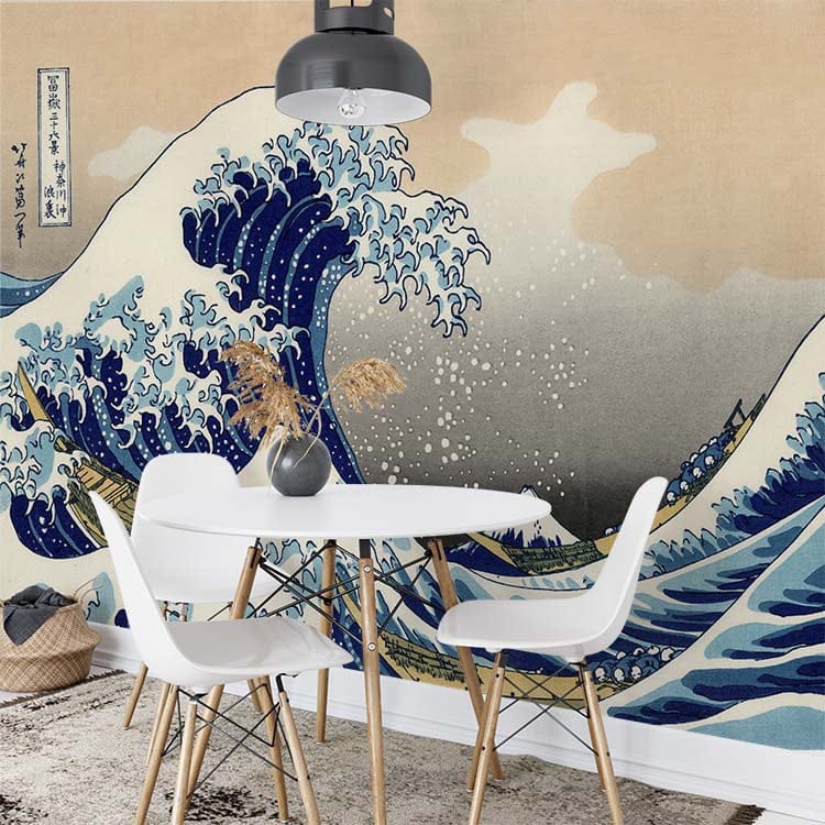 Quatrième vue du papier peint vague japonaise dans une chambre adulte