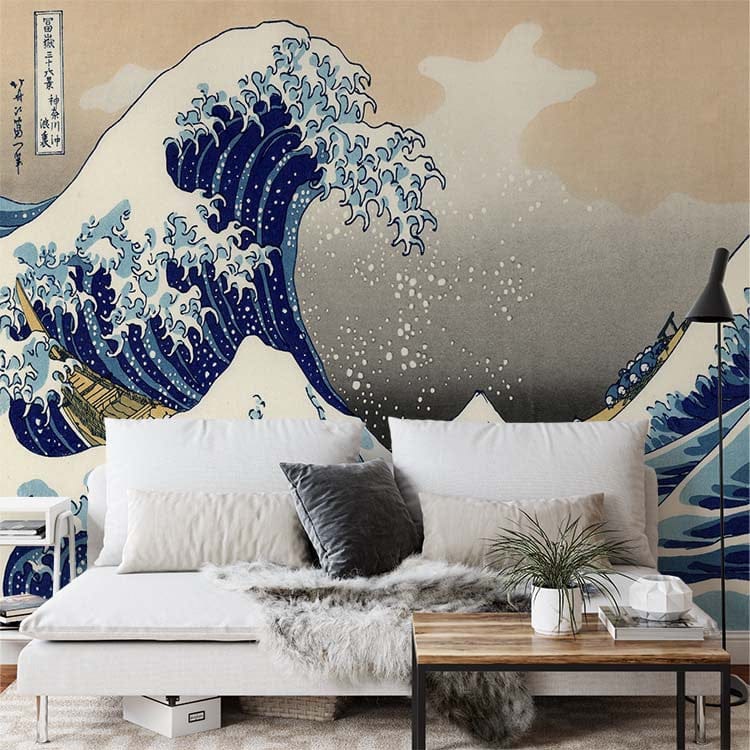 Cinquième vue du papier peint vague japonaise dans une chambre adulte