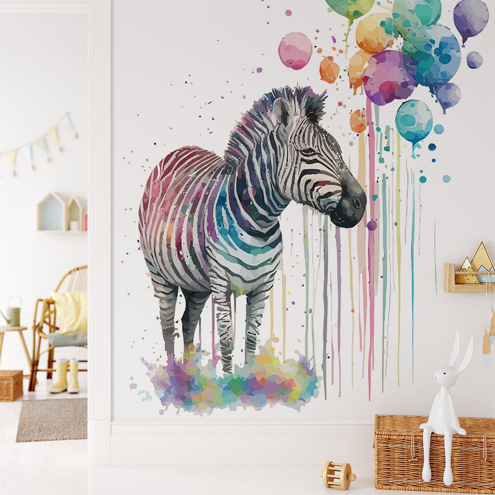 Papier peint panoramique zèbre mignon aquarelle bulles illustré, dans une chambre d'enfant