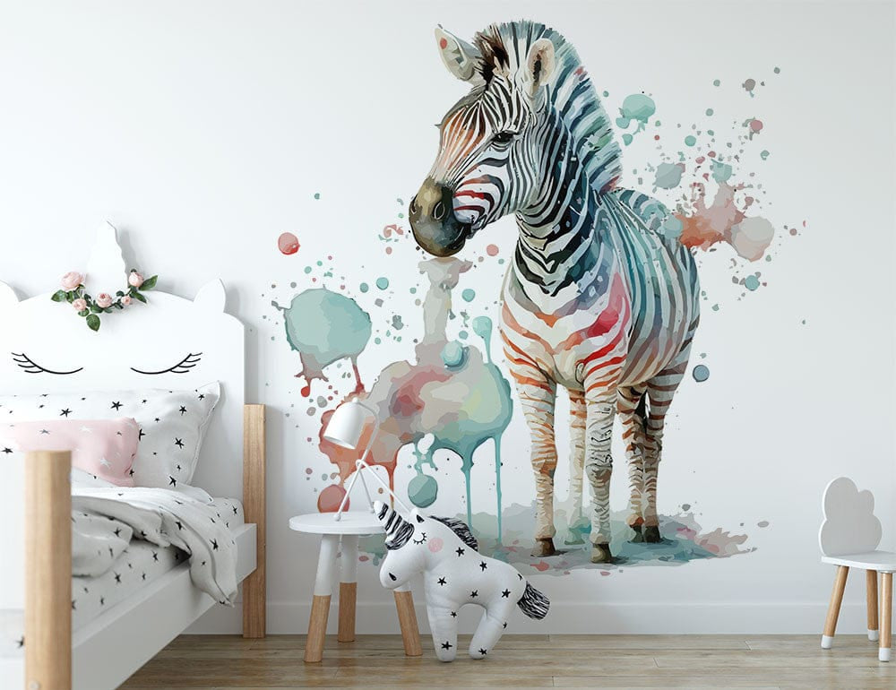Papier peint panoramique zèbre mignon illustré, dans une chambre d'enfant