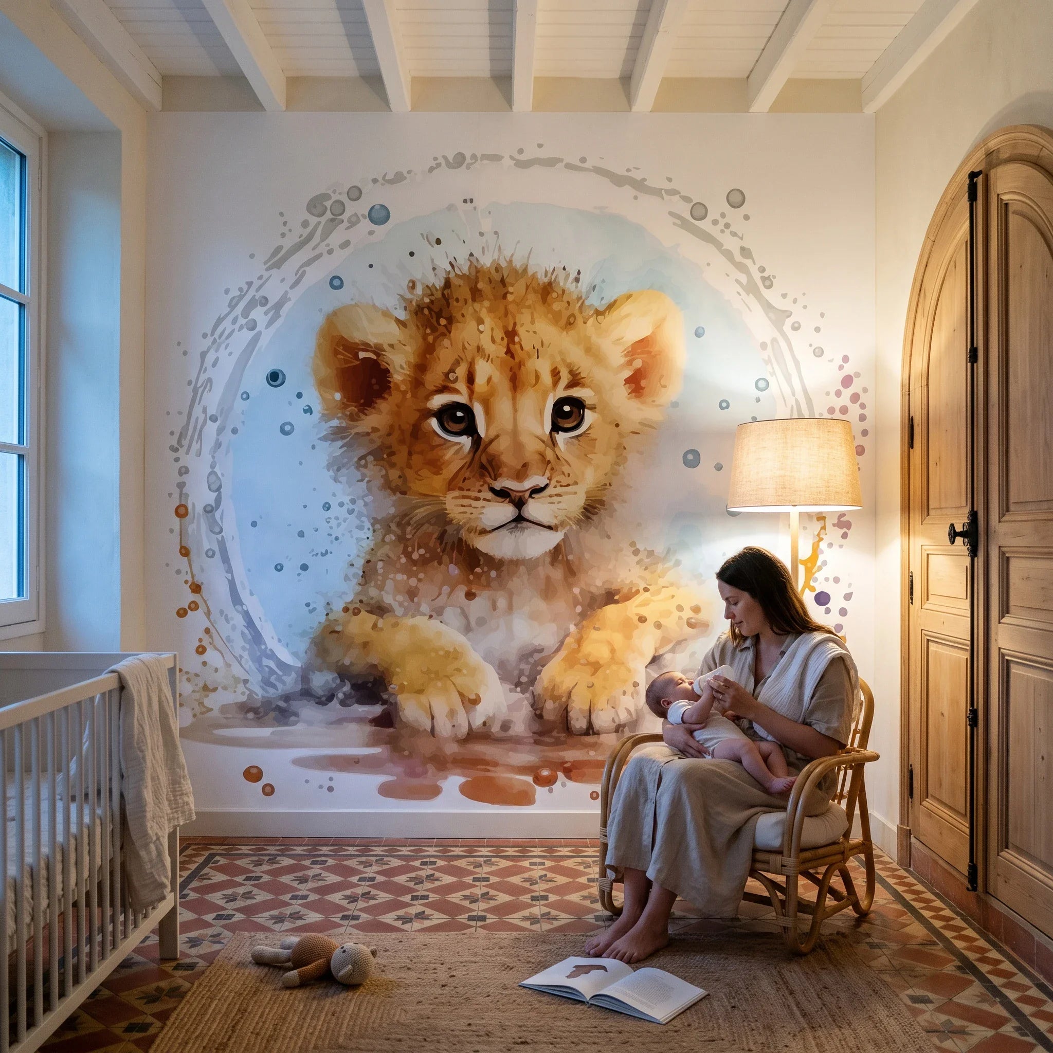 Papier peint lionceau roi lion 240 x 240 cm, chambre de bébé le soir à la lumière d'une lampe, maman donnant le biberon dans un fauteuil en rotin