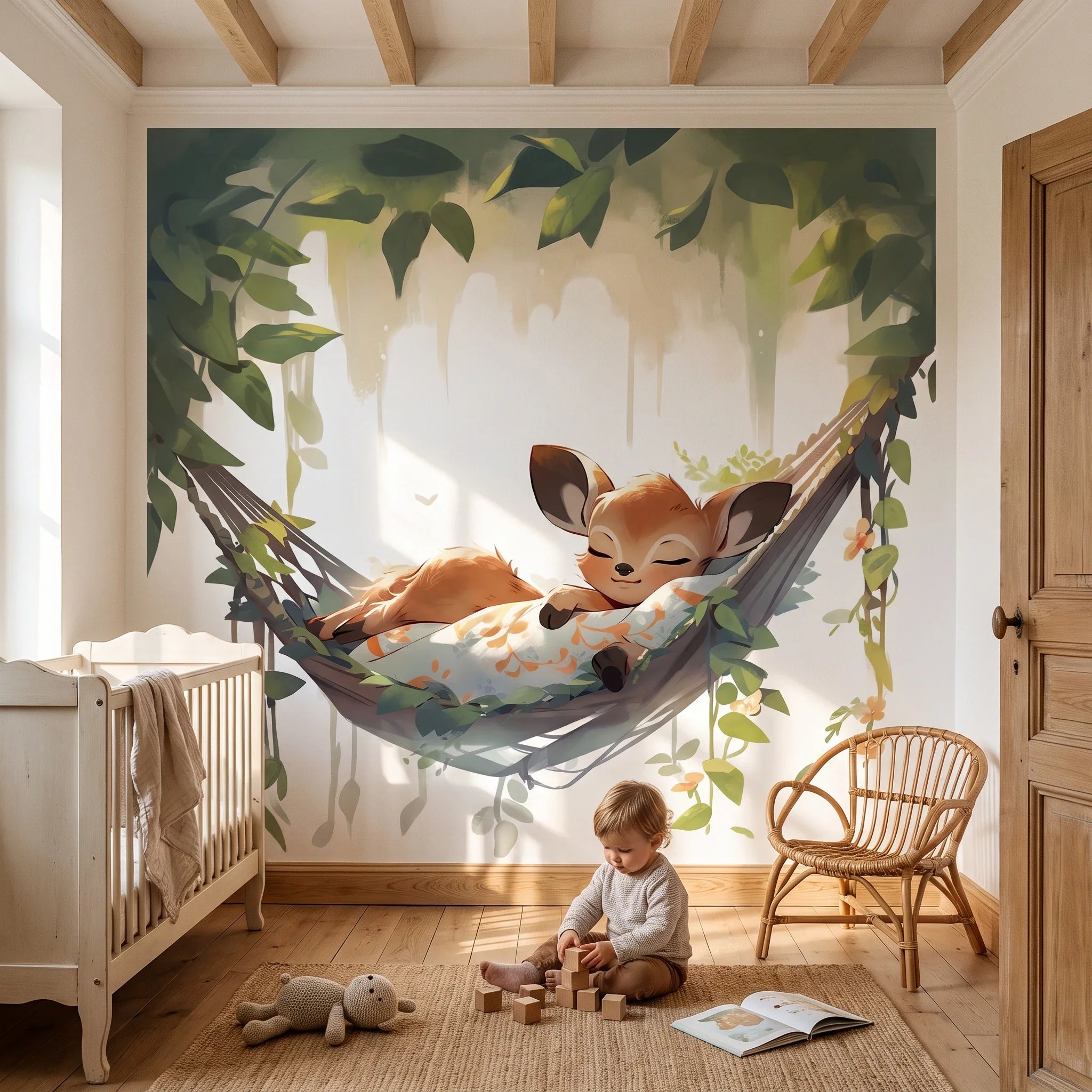 Papier peint biche qui dort dans son hamac 240 x 240 cm, chambre d'enfant de maison de campagne en lumière dorée, enfant qui joue aux cubes